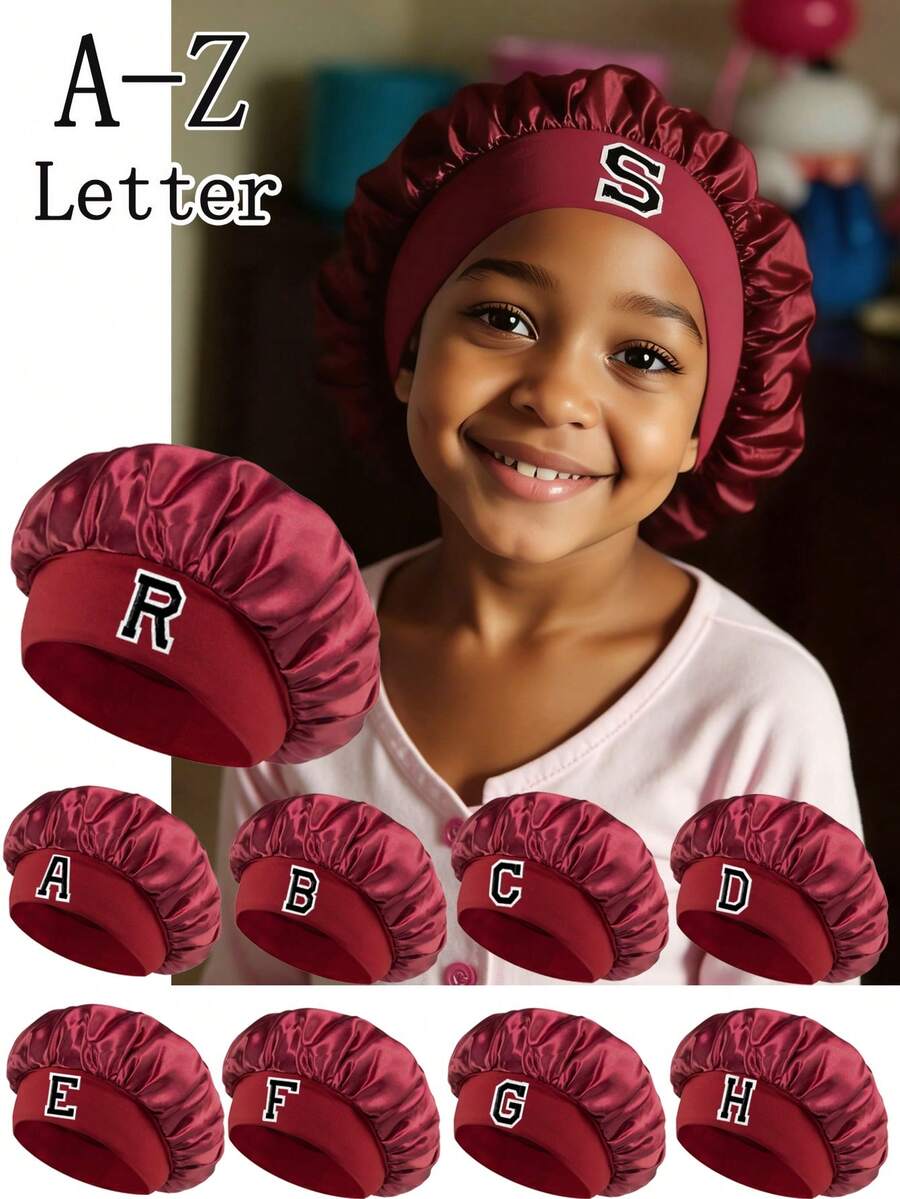 1pc A-Z 26 Letters Sleep Cap, 3-8 Years Old Kids Sleeping Hat, Girls Curly Hair Sleep Cap, Children & Teens Satin Sleep Hat - Burgundy - View 1