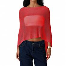 Women Sheer Mesh Poncho Top Crochet Knit Lightweight See Through Shawl Wrap Summer Oversized Loose Shrug Beachwear Swimsuit Bikini Cover Ups - 紅色 - 查看 5