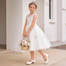 Girls Dress Shoes Mary Jane Low Heels Flower Wedding Party Pump Prom Footwear For Little/Big Kids - 杏色 - 查看 3