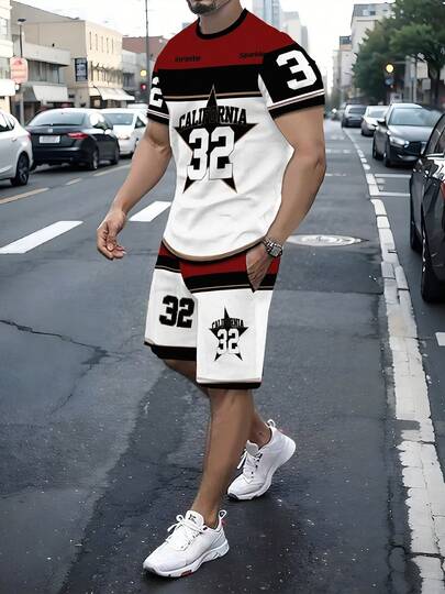 2pcs Men's New Casual Round Neck T-Shirt And Shorts Set, Bold "32" Numeral And Star Pattern Print, Polyester Knit Fabric, Slight Stretch, Soft And Breathable, Comfortable Outdoor Wear, Gift