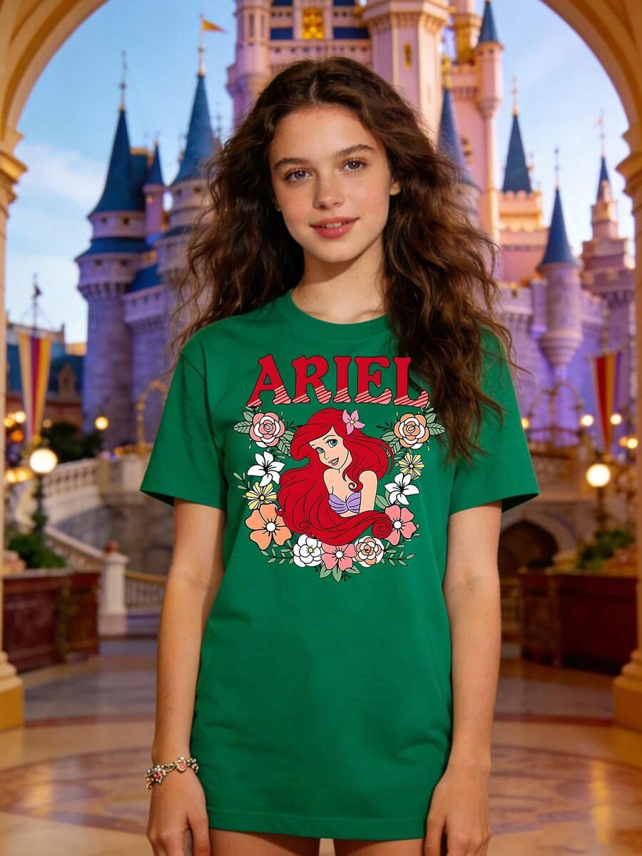 Disney Authorized Women's Casual Short Sleeve T-Shirt, The Ariel Floral Print, Cute Sweet Girl Style, Breathable Comfortable Fabric, Machine Washable, For Daily & Theme Park Wear - Green - View 1