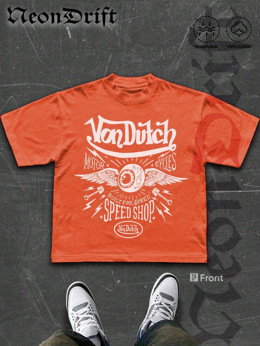NeonDrift Street Cotton T-Shirt 100% Cotton Fabric Unisex Style-Van Dutch Motor Cycles Speed Shop Graphic T Shirt Vintage Style Print Classic Americana Design For Car Enthusiasts And Biker Culture Fans Casual Wear Streetwear Fashion Men's Apparel - Màu Cam san hô - Xem 1