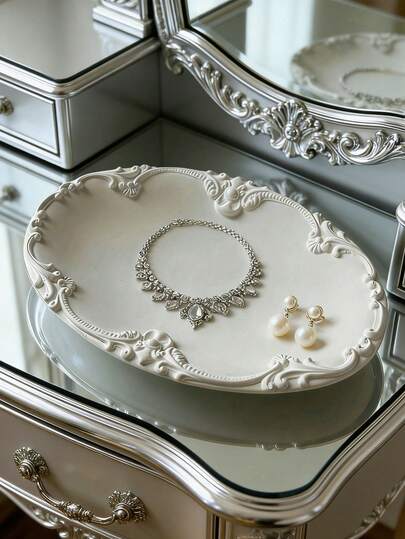 Decorative Plaster Carved Jewelry Display Tray, Antique Style Ring Storage Holder, Photography Prop