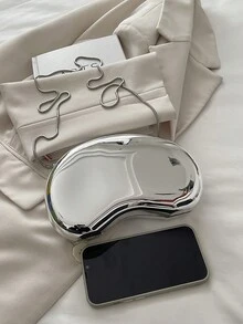 金属银色镜面不规则手拿包，优雅链条单肩包，奢华派对手提包，时尚百搭手机零钱包 - 銀色 - 查看 9