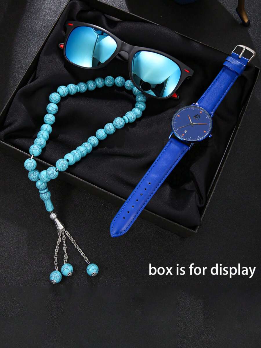 Luxury Fashion Accessory Set: Captivating Blue Tones! Exquisite Watch Paired With Cracked Bead Necklace And Stylish Glasses, Allowing You To Shine With Confidence And Elegance In Any Occasion, Becoming The Fashion Focal Point In The Eyes Of Others! - Blue - View 1