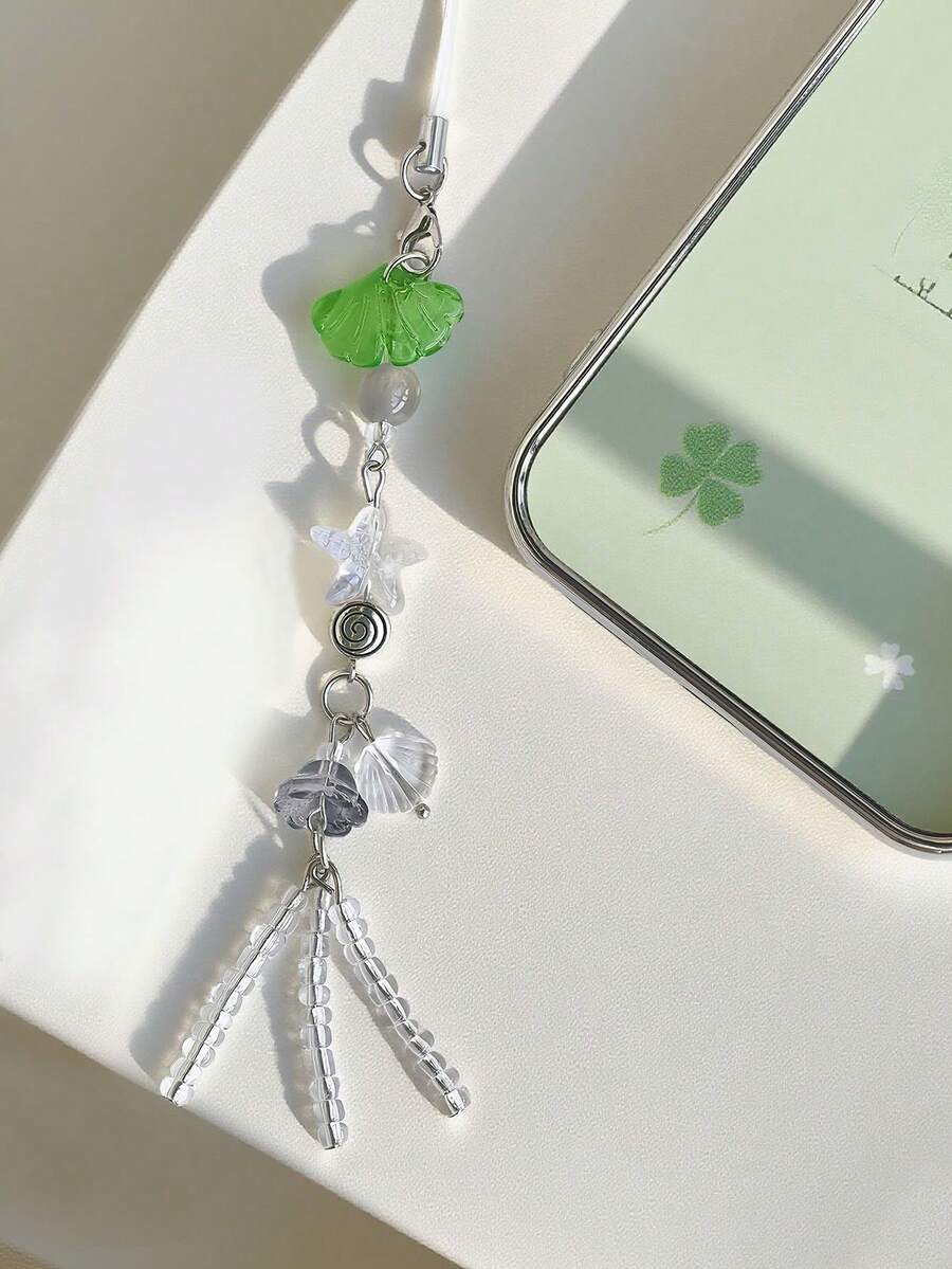 Șnur de telefon minimalist cu elemente multiple, 1 buc, cu frunză de Ginkgo argintie, cu ciucure transparent din cristal verde, breloc, cadou potrivit pentru mamă, familie, prieteni, ziua de naștere, vacanță, primăvară, aniversare