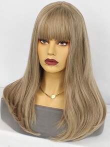 Milk Tea Ash Brown Medium Length Wavy Wig With Straight Bangs, Natural Layered High Temperature Fiber Full Wig, Versatile For Daily Commute, Party & Sweet Cool Style - Brown Highlight - View 3