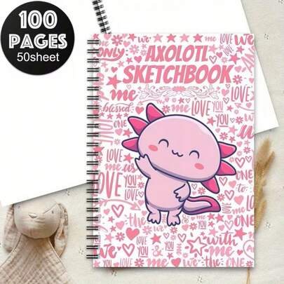 Cute Pink Axolotl Spiral Notebook - Charming Mexican Axolotl Journal And Sketchbook, Coil Bound, Short Portable Size (Pink Axolotl Cover, Green Mexican Axolotl Inner Pages), Blank Pages Suitable For Diary, Travel, Gifts, Etc.