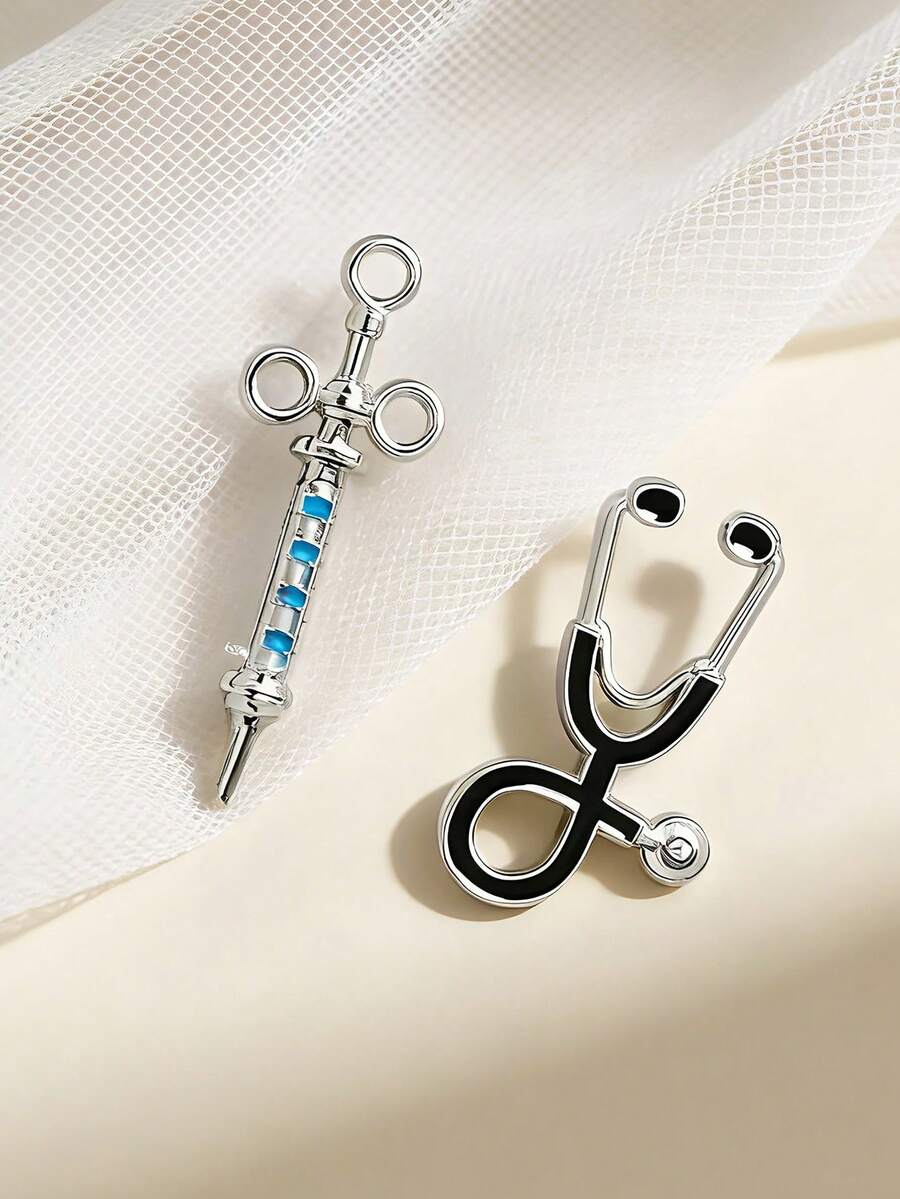 2pcs Silver Needle Brooch Set + Delicate Stethoscope & Syringe Metal Brooch, Fashionable Medical Element Multi-Functional Accessory Gift - Silver - View 1