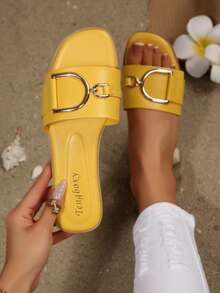 Sandalias planas de moda para mujer, con decoración de hebilla con estilo, zapatos planos casuales de verano, atuendos de playa - Amarillo - Ver 4