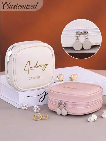 Portable PU Jewelry Box, Travel Earring & Ring Storage Box, PU Necklace & Bracelet Drawstring Pouch, Customizable Name, Personalized PU Leather Travel Jewelry Box, Double-Layer Mini Jewelry Storage Box, Suitable For Bridesmaid Gift, Wedding Party, Mother's Day, Cruise Travel Essential, Personalized Jewelry Box, Double-Layer Travel Jewelry Storage Box, Perfect Gift