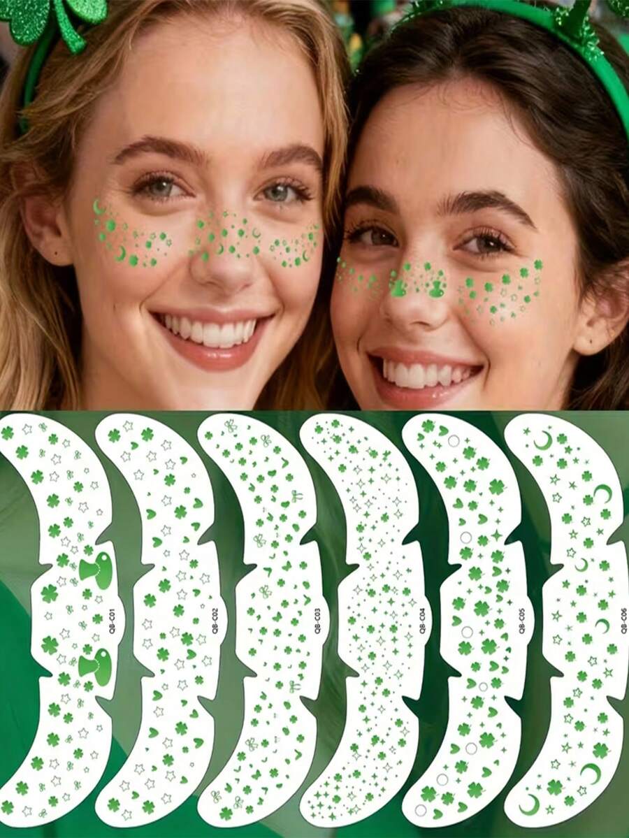 6pcs Face Tattoos, Leaf Face Stickers, Shamrock Temporary Tattoos, Green Makeup Tattoos, Green Freckle Face Tattoos, Paper Material, Oblong Shape