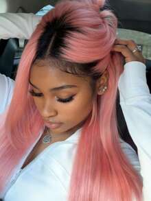 Ombre Light Pink With Dark Roots 13x4x1 HD Transparent Natural Straight Lace Front Wigs Human Hair Pre Plucked With Baby Hair T Part Human Hair Wigs For Women Ombre Baby Pink 250 Density Long Straight Glueless Wigs Human Hair - 根植與漸變 - 查看 4