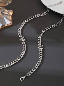 2件套经典简约字母情侣手链套装，时尚男女通用情侣首饰，情人节礼物，送给男友 - 銀色 - 查看 5