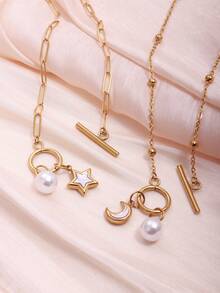 1PC Dainty Gold Pendant Necklace 14k Gold Plated Delicate Tiny Moon Star Pendant Stainless Steel OT Necklace For Women,14K Gold Plated Dainty Chain Crescent Moon Necklace Jewelry - Multicolor - View 7