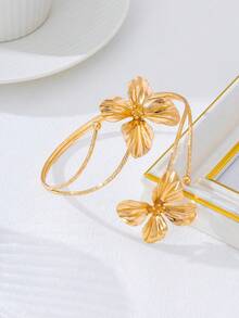 1件时尚简约花卉金属金色臂环，百搭配饰，适合女性度假穿着 - 金四瓣花 - 查看 4