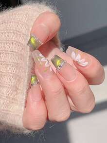 10片长棺材形绿色猫眼水晶手工美甲贴纸，扎染腮红渐变色，精致别致，清新春夏 - 綠色 - 查看 4