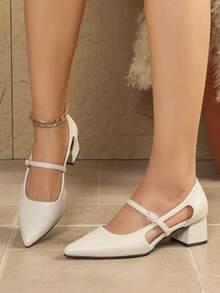 Women's Pointed Toe Elegant Chunky Heel Slip-On Fashion Pumps - Beige - View 5