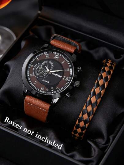 男士手表套装（2 件）：一款简约的 PU 石英手表和一条时尚的 PU 编织表带，适合日常佩戴。