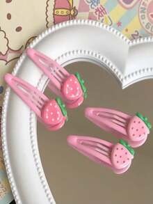 4pcs/Set Cute Strawberry Fruit Hair Clips, Hair Claws, Hair Slide, Hair Barrettes, Hairpin, Accessories - Pink - View 2