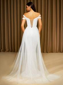 LOVE&LEMONADE Elegant White Off Shoulder Flowing Mesh Patchwork Backless Criss-Cross Tie Mermaid Long Wedding Dress - White - View 8