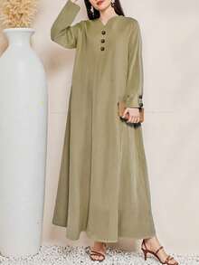 1PC Women's Button Front Abaya – Olive Green Long Sleeve Maxi Dress With V-Neck And Three Dark Buttons, Loose Fit Modest Gown In Lightweight Woven Fabric, Elegant Islamic Clothing For Daily Wear & Ramadan Iftar - Army Green - View 3