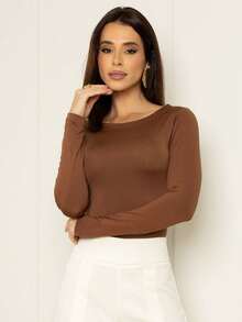 Kit 2 Women's Long Sleeve Blouse Cold Weather Round Neck Winter - 裸色和棕色 - 查看 8