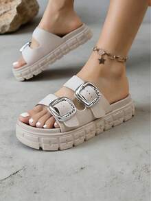 FZY 2026 Spring New Women's Plus Size Wide-Waist Sandals, Waterproof, Non-Slip, Thick Sole, Height Increase, Letter Print, Tower Buckle Design, Casual, Comfortable, And Versatile Beach Shoes, Easter Fashion Item - Women's Casual Sneakers - Màu be - Xem 5