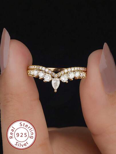 1pc Classic Luxurious V-Shaped Crown Ring With Diamond Inlay, Suitable As Engagement Gift, Holiday Gift, S925 Sterling Silver Exquisite Jewelry Gift