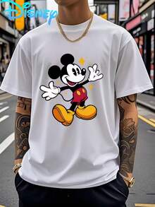 Disney'S "Mickey Mouse" Theme Print Men'S Fashion T-Shirt | Summer Sports And Leisure Versatile Short Sleeves, Crew Neck, Casual Fit, Perfect For Daily Activities - Blanc - Voir 1