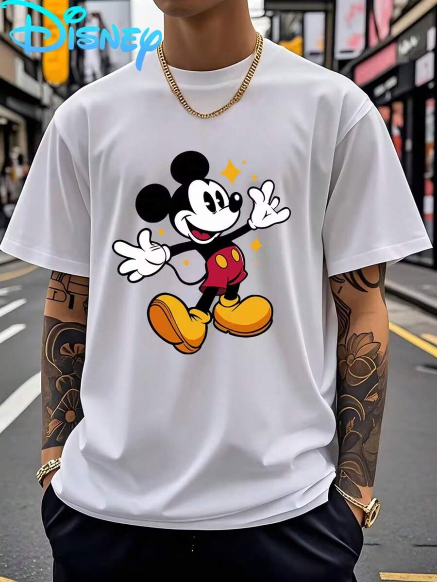 Disney'S "Mickey Mouse" Theme Print Men'S Fashion T-Shirt | Summer Sports And Leisure Versatile Short Sleeves, Crew Neck, Casual Fit, Perfect For Daily Activities - Blanc - Voir 1