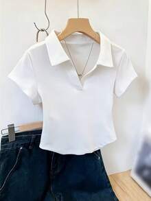 Women's Casual Short Sleeve White Polo Shirt, Asymmetric Hem, High Stretch Fabric, Fitted Sexy Style Crop Top, Suitable For Leisure & Daily Wear Summer - White - View 12