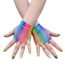 1 Pair Of Women's Bohemian Style Rainbow Tie-Dye Fishnet Gloves - Elastic Mesh Touch-Screen Fingerless Gloves, Short/Medium Length Suitable For Parties, Festivals, And Weddings, Cute Gloves, Festival Accessories, Seamless Design, Hip-Hop Fashion, Breathable Fabric, Nightclub - 短的 - 查看 13