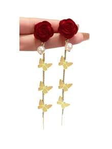 一对奢华植绒玫瑰花蝴蝶流苏耳环，优雅时尚，适合女孩日常佩戴 - 彩色 - 查看 3