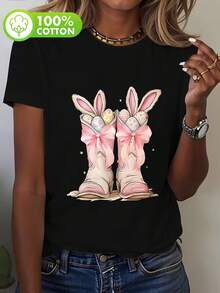 Camiseta De Manga Corta Para Mujer, 100% Algodón, Cuello Redondo, Estilo Casual De Verano Con Diseño Temático De Pascua Y Estampado De Conejo. Transpirable, Ideal Para Primavera, Verano Y Otoño. Camiseta Relajada Y Deportiva Perfecta Para Un Look Casual. Camiseta De Manga Corta Para Mujer Con Estampado De Conejo. - [Negro] - Ver 1