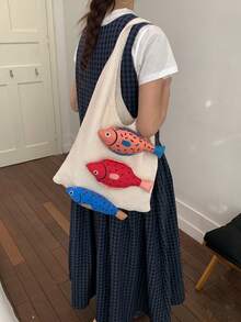 2026新款编织包，独特鱼形设计，大容量单肩包，适合日常、度假、休闲穿着 - 米色 - 查看 4