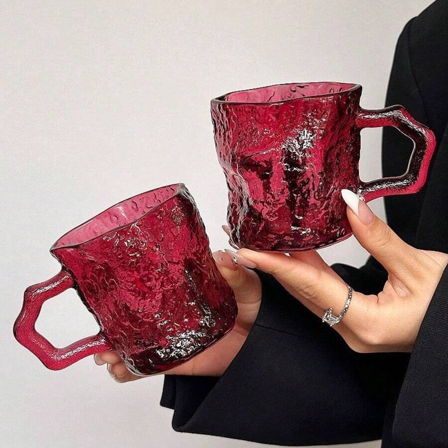 2pcs Ins Style Rose Pink Handle Glacier Glass Cup, High-Quality Household Beverage, Water, Coffee, Cold Drink, Milk Cup