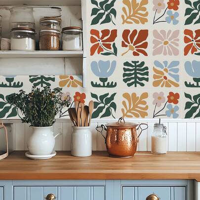 ihomeli 7.87英寸 x 7.87英寸 彩色抽象花卉陶瓷瓷砖贴纸，可移除自粘墙贴，防水装饰瓷砖贴纸，适用于厨房、浴室墙面