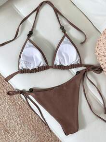 Bikinx Conjunto de bikini de mujer con tirantes de espagueti cruzados y sexy, con Bottom de bañador con lazos laterales, de tela de alta elasticidad - Óxido marrón - Ver 6
