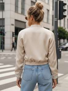 Women's Bomber Jacket With Snap Buttons And Large Pockets, Cropped Cut, Ribbed Hem And Button Cuffs, Lightweight, Hoodless, Straight Fit, Front Pocket Design, 100% Polyester. - Beige - View 3