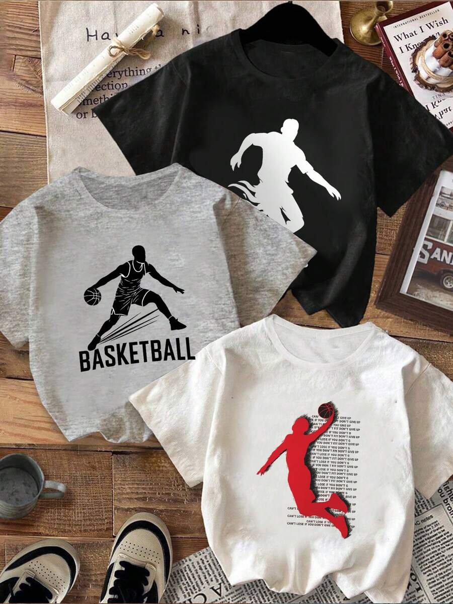 3pcs/Set Tween Boys Casual Printed Crew Neck Short Sleeve T-Shirts, Summer Tops - Multicolor - View 1