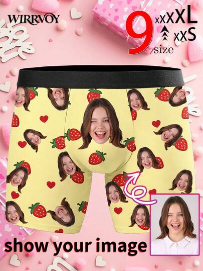 Customized Boxer Briefs For Men, Personalized Photo Print Men's Underwear With Yellow Strawberry & Heart Design, Husband's Exclusive Customized Boxer Briefs, Funny Expression Customized Boxer Briefs, Cute, Fun, Comfortable, Unique, Ideal Valentine's Day, Anniversary, Birthday, Wedding Gift For Boyfriend, Husband, Him, Perfect For Fitness Guys (9 Sizes Available)