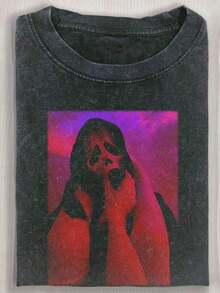 Summer TopsHalloween Retro Washed T-Shirt Scream Ghostface Heart Hands Graphic Tees Water Washing Print T-Shirt, Men's Vintage T-Shirt,Short Sleeves Crew Neck Top Tees, 230 Gram Cotton T Shirts, Holiday GiftsLoose And Comfortablesummer Clothes - 黑色 8 - 查看 1