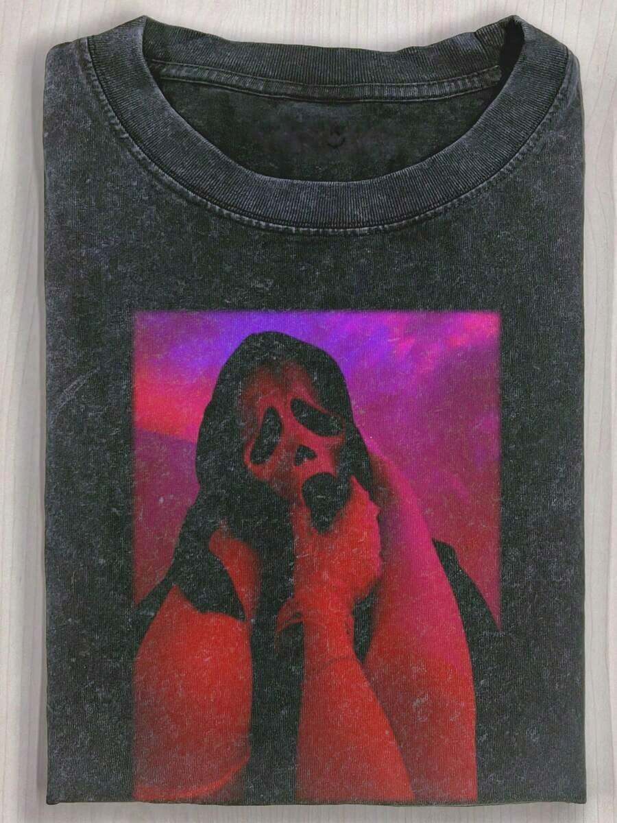 Summer TopsHalloween Retro Washed T-Shirt Scream Ghostface Heart Hands Graphic Tees Water Washing Print T-Shirt, Men's Vintage T-Shirt,Short Sleeves Crew Neck Top Tees, 230 Gram Cotton T Shirts, Holiday GiftsLoose And Comfortablesummer Clothes - 黑色 8 - 查看 1