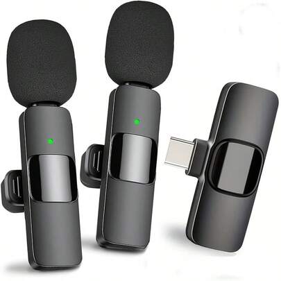 适用于USB-C智能手机的防缠绕无线领夹式麦克风，适用于视频采访、播客、Vlog等，一键录制，USB-C接口，可充电锂聚合物电池。专业无线领夹式麦克风，适用于USB-C智能手机、笔记本电脑，可用于音频/视频录制、直播、采访和Vlog。采访设备、音频录制、时尚音频设备、便携式麦克风、高品质音效、耐用设计。生日礼物、妇女节礼物。