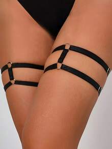 2条装女士黑色弹力大腿吊袜带，可调节双排腿带，时尚朋克风吊袜带 - A - 查看 1