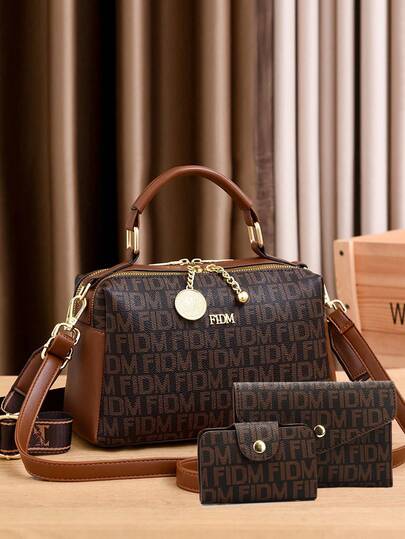 女士时尚手提包三件套 - 多功能休闲托特包配钱包，咖啡棕色，人造革，拉链封口，印花，抽绳饰边 - 女士风格 - 适合日常使用、购物、约会 - 送给她的完美礼物