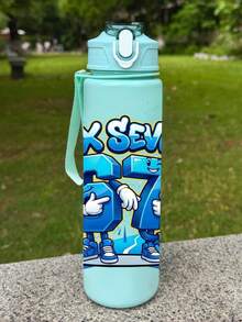 1pc 67 Lightning Graphic Plastic Water Bottle, Cute Print Design, 800ml/27oz Cartoon Solid Color Sports Water Bottle With Straw, Portable Handle, Durable Material, Perfect Birthday Or Valentine's Day Gift - Multicolor - View 6