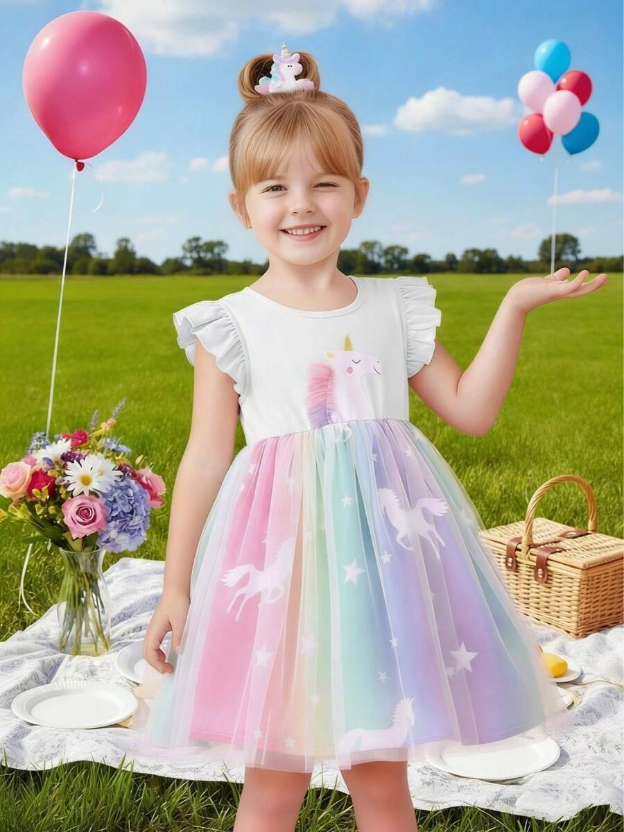 Toddler Girls' Colorful Unicorn Print Ruffle Trim Top & Mesh Patchwork Dress, Summer - White - View 1