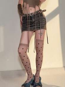 1 Pair Retro Polka Dot Velvet Mid-Calf Socks With Swan Print For Women - Brown - View 8
